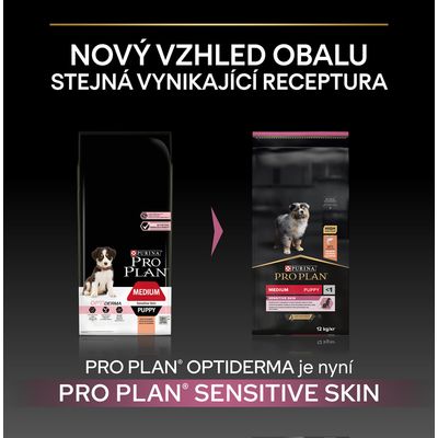 Porovnanie starého a nového balenia Purina Pro Plan Medium Puppy Sensitive Skin; nový názov produktu nahrádza Optiderma za Sensitive Skin. Text v češtine.