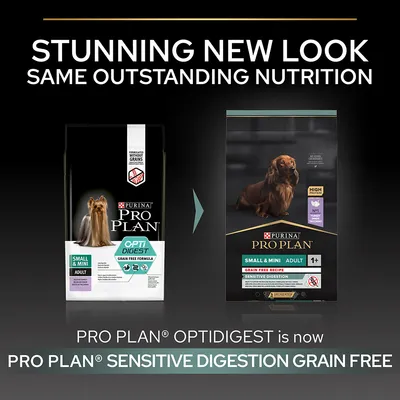 PURINA PRO PLAN Small & Mini Adult hundefoder, tidligere OPTIDIGEST, nu SENSITIVE DIGESTION GRAIN FREE. To pakker vises med ny og gammel emballage samt tekst på engelsk.
