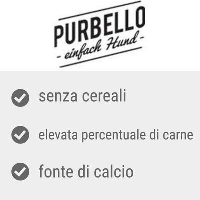 PURBELLO – senza cereali, elevata percentuale di carne, fonte di calcio. Testo in parte in tedesco: 'einfach Hund'.