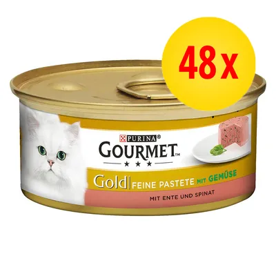 PURINA Gourmet Gold Feine Pastete mit Gemüse, mit Ente und Spinat. Dåse med billede af hvid kat og paté. Gul cirkel med rød tekst: 48x.