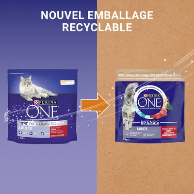 Стара и нова опаковка на PURINA ONE BIFENSIS ADULTE котешка храна, 1,5 кг. Текст на френски: NOUVEL EMBALLAGE RECYCLABLE.