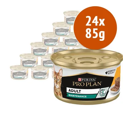 24 lattine da 85 g di Purina Pro Plan Adult Maintenance per gatti, confezione visibile con immagine di gatto e scritta 'Designed to be recyclable'.