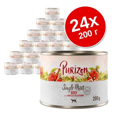 24 банки по 200 г Purizon Single Meat Beef with Hibiscus Blossoms. Видна упаковка с надписями: Purizon, Single Meat, Beef with Hibiscus Blossoms, 13 %, 200 g.
