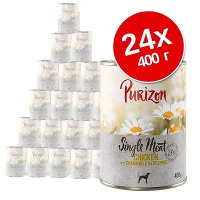 24 банки по 400 г Purizon Single Meat Chicken with Chamomile Blossoms. Видна упаковка с ромашками и надписями на английском языке.