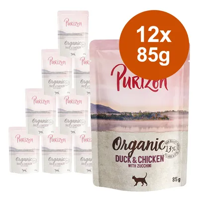 Purizon Organic Duck & Chicken with Zucchini macskaeledel, 12 x 85 g tasakos kiszerelés, csomagoláson látható: 13% high-quality protein.
