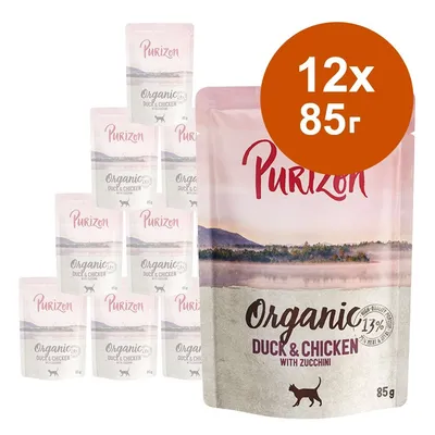Purizon Organic Duck & Chicken with Zucchini, 12 x 85 г паучове за котки. Видими надписи: 13% high quality protein, 85 г.
