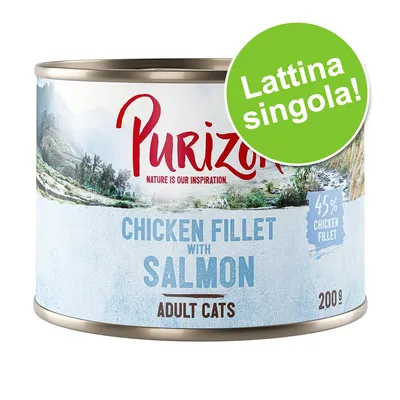 Purizon Chicken Fillet with Salmon per gatti adulti, 45% chicken fillet, lattina singola, 200 g. Testo visibile: Nature is our inspiration.