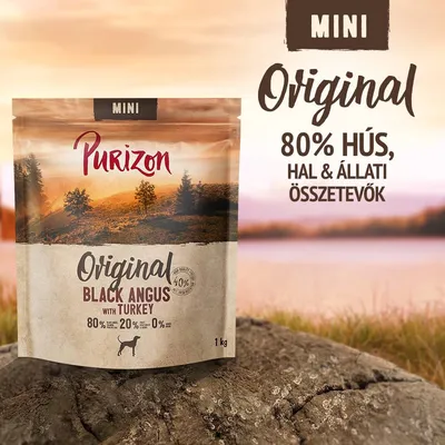 Purizon Mini Original Black Angus with Turkey, 1 kg. 80% hús, hal és állati összetevők, 20% zöldség, 0% gabona. Csomagolás és kiemelt szöveg a képen.