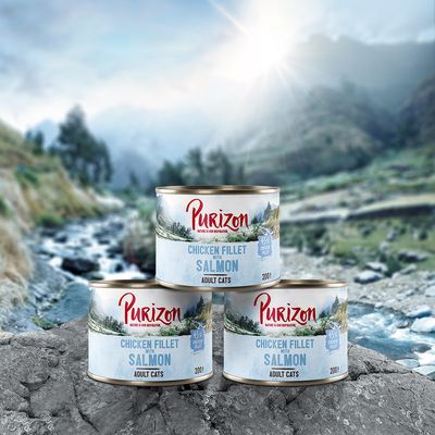 Pack bi-nutrition Purizon Croquettes 400 g + Boîtes 6 x 200 g pour chat - 400 g poulet, poisson + 6 x 200 g filet de poulet, saumon