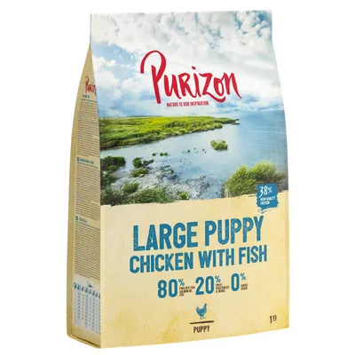 Purizon Large Puppy Chicken with Fish, 80 % mesa in ribe, 20 % sadja in zelišč, 0 % žit, 38 % kakovostnih beljakovin. Embalaža z naravnim motivom, 1 kg.