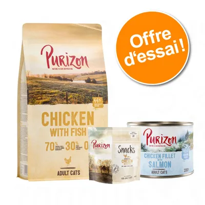 Purizon Adult Cats : croquettes Chicken with Fish 70 % viande/poisson, snacks Chicken, boîte Chicken Fillet with Salmon 200 g. Pastille orange : Offre d’essai !