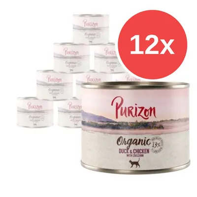 12 lattine Purizon Organic Duck & Chicken with Zucchini, 13% anatra e pollo biologici, testo visibile: Purizon Organic Duck & Chicken with Zucchini, 13%