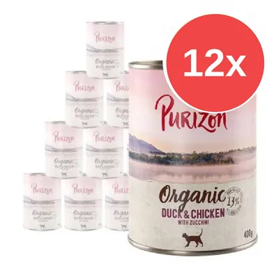 12 lattine Purizon Organic Duck & Chicken with Zucchini, 400 g, visibile testo: 13 %, immagine di gatto sulla confezione.