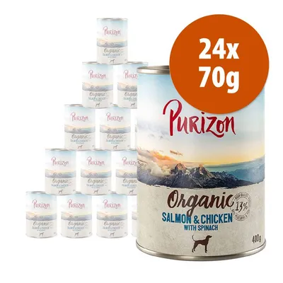 Purizon Organic Salmon & Chicken with Spinach, confezione da 24 lattine da 70 g. Testo visibile: 13% e 400 g sulla lattina grande.