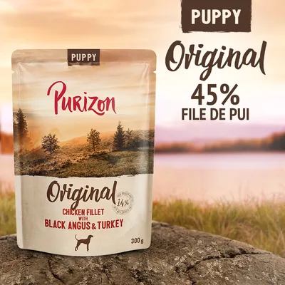 Pachet Purizon Puppy Original, 45% file de pui, chicken fillet with Black Angus & turkey, 300 g. Text vizibil: 14% high quality fresh chicken.