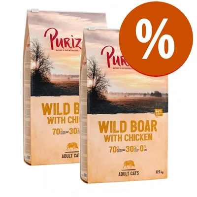 2 sacos de Purizon Wild Boar with Chicken para gatos adultos, 6,5 kg cada uno. Texto visible: 70 % wild boar & chicken, 30 % frutas y verduras, 0 % cereales. Símbolo de porcentaje en círculo naranja.