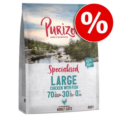 Purizon Specialised Large Chicken with Fish kattenvoer, 400 g. 70% kip en vis, 30% fruit/groenten/kruiden, 0% toegevoegde granen. 42% eiwit. Actiepercentage zichtbaar.