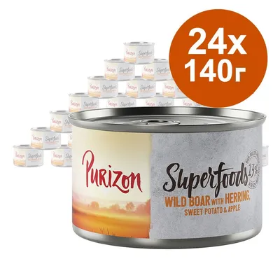 Purizon Superfoods Wild Boar with Herring, Sweet Potato & Apple, 24×140 г консерви. Видими са няколко кутии, голям надпис 24x140г.