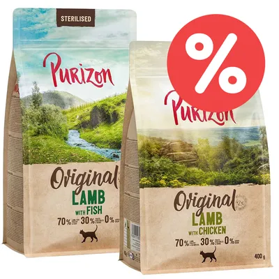 Purizon Original Lamb with Fish y Lamb with Chicken, comida para gatos esterilizados. 70 % carne, 30 % frutas y verduras, 0 % cereales. Paquete de 400 g. Símbolo de oferta visible. Purizon Original Lamb with Fish y Lamb with Chicken, comida para gatos esterilizados. 70 % carne, 30 % frutas y verduras, 0 % cereales. Paquete de 400 g. Símbolo de oferta visible.