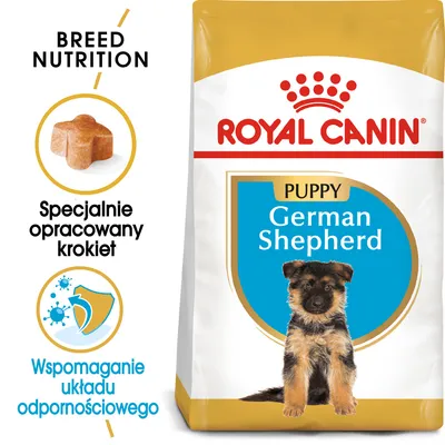 ROYAL CANIN Puppy German Shepherd, specjalnie opracowany krokiet, wspomaganie układu odpornościowego, opakowanie z wizerunkiem szczeniaka owczarka niemieckiego