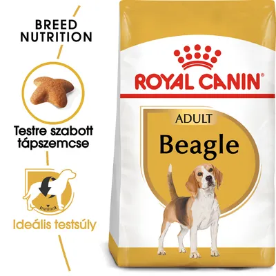 Royal Canin ADULT Beagle kutyatáp csomagolás, testre szabott tápszemcse és ideális testsúly feliratokkal, beagle kutya képe látható.