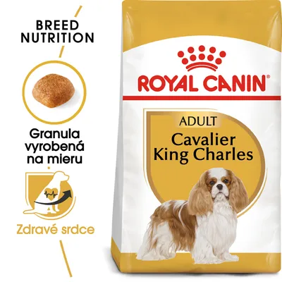 ROYAL CANIN ADULT Cavalier King Charles, granula vyrobená na mieru, zdravé srdce. Balenie krmiva s obrázkom psa a detailom granule.