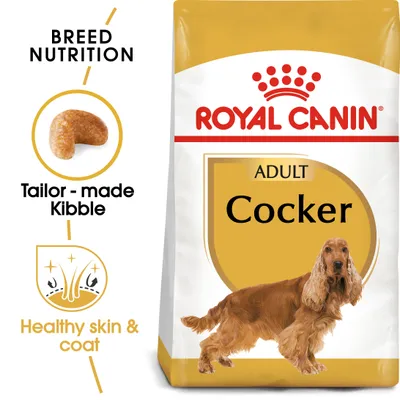 Royal Canin Adult Cocker food packaging with text highlighting breed nutrition, tailor-made kibble, and healthy skin and coat benefits.