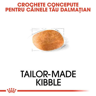 Crochete concepute pentru câinele tău Dalmațian. Tailor-made kibble. Imagine cu o croșetă de hrană uscată pentru câini.