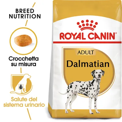 Royal Canin Adult Dalmatian, crocchetta su misura, salute del sistema urinario. Immagine di confezione con cane dalmata e dettagli sulle caratteristiche visibili.
