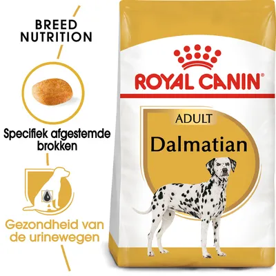 Royal Canin Adult Dalmatian hondenvoer, specifiek afgestemde brokken, gezondheid van de urinewegen, BREED NUTRITION zichtbaar op verpakking.