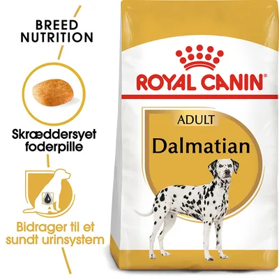 Royal Canin Adult Dalmatian hundefoder, tekst: Skræddersyet foderpille, Bidrager til et sundt urin­system, billede af foderpille og dalmatinerhund på posen.