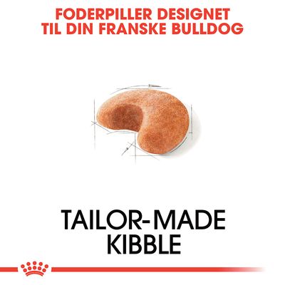 Foderpiller designet til din franske bulldog. TAILOR-MADE KIBBLE. Billede af en enkelt foderpille med skitsebaggrund.