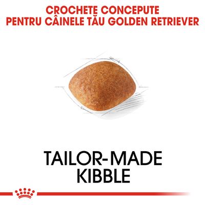 Crochete concepute pentru câinele tău Golden Retriever. Tailor-made kibble. Imagine cu o bucată de crocheta pe fundal alb.