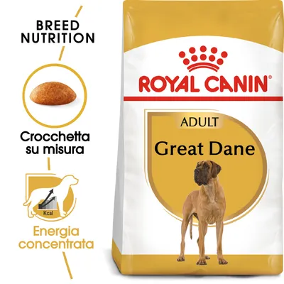 Royal Canin ADULT Great Dane, crocchetta su misura, energia concentrata. Immagine di un cane e una crocchetta sulla confezione.