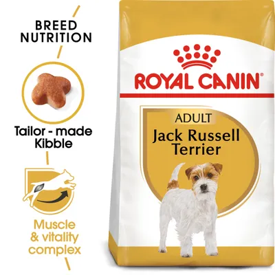 ROYAL CANIN ADULT Jack Russell Terrier -koiranruokapakkaus, kuvassa nappulan muoto ja tekstit: Breed Nutrition, Tailor-made Kibble, Muscle & vitality complex ROYAL CANIN ADULT Jack Russell Terrier -koiranruokapakkaus, kuvassa nappulan muoto ja tekstit: Breed Nutrition, Tailor-made Kibble, Muscle & vitality complex
