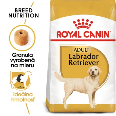 ROYAL CANIN ADULT Labrador Retriever, granula vyrobená na mieru, ideálna hmotnosť. Balenie s obrázkom labradora a detailom tvaru granuly.