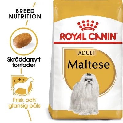 Royal Canin Adult Maltese torrfoder, skräddarsytt för rasen. Text: 'Skräddarsytt torrfoder', 'Frisk och glansig päls', bild på foderbit och malteserhund.