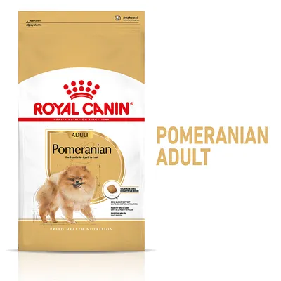 ROYAL CANIN ADULT Pomeranian Over 8 months old. Billede af en pomeranianhund på posen. Tekst: BREED HEALTH NUTRITION, tailor-made kibble, bone & joint support, digestive health.