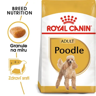Balení krmiva ROYAL CANIN ADULT Poodle, obrázek granule s textem Granule na míru, ikona psa s textem Zdraví srsti, nápis BREED NUTRITION. Balení krmiva ROYAL CANIN ADULT Poodle, obrázek granule s textem Granule na míru, ikona psa s textem Zdraví srsti, nápis BREED NUTRITION.