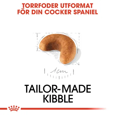 TORRFODER UTFORMAT FÖR DIN COCKER SPANIEL. Bild på en torrfoderbit, cirka 1 cm stor. Text: TAILOR-MADE KIBBLE.