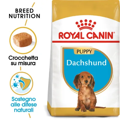 Confezione Royal Canin Puppy Dachshund, crocchetta su misura e sostegno alle difese naturali, testo visibile: Breed Nutrition, Crocchetta su misura, Sostegno alle difese naturali.