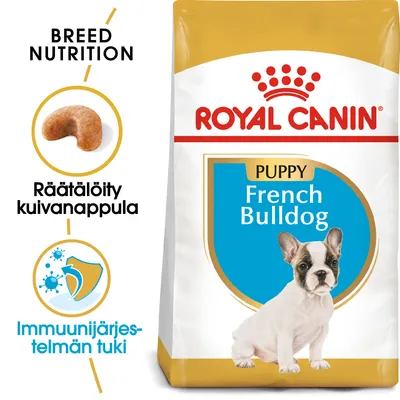 Royal Canin Puppy French Bulldog -koiranruokapakkaus, tekstit: Räätälöity kuivanappula, Immuunijärjestelmän tuki, kuva nappulasta ja ranskanbulldoginpennusta