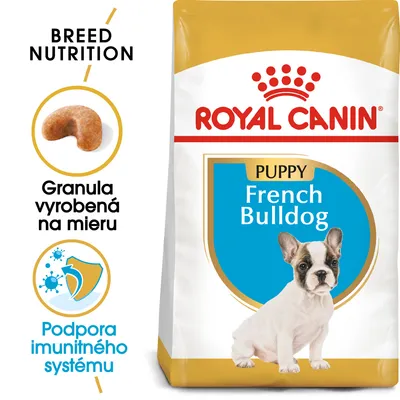 ROYAL CANIN PUPPY French Bulldog, granula vyrobená na mieru, podpora imunitného systému. Balenie s obrázkom šteniatka francúzskeho buldočka.