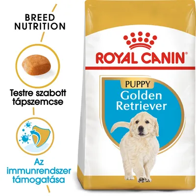 Royal Canin Puppy Golden Retriever kutyatáp csomagolás, testre szabott tápszemcse és az immunrendszer támogatása feliratokkal. Royal Canin Puppy Golden Retriever kutyatáp csomagolás, testre szabott tápszemcse és az immunrendszer támogatása feliratokkal.