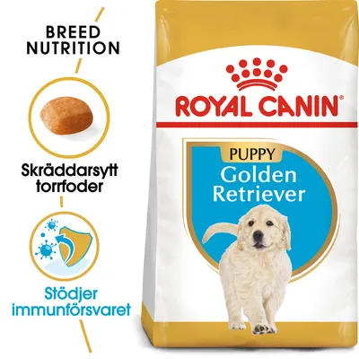Royal Canin Puppy Golden Retriever torrfoder. Text: Skräddarsytt torrfoder, Stödjer immunförsvaret. Bild på foderbit och illustration av sköld med virusikoner.