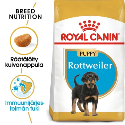 Royal Canin Puppy Rottweiler -kuivaruokapakkaus, tekstit: Räätälöity kuivanappula, Immuunijärjestelmän tuki, kuva pennusta ja nappulasta