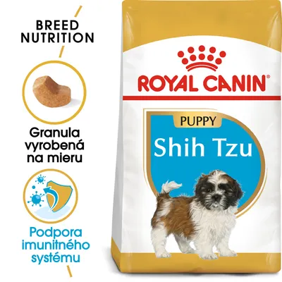 Royal Canin Puppy Shih Tzu, granula vyrobená na mieru, podpora imunitného systému. Balenie s obrázkom šteňaťa Shih Tzu.