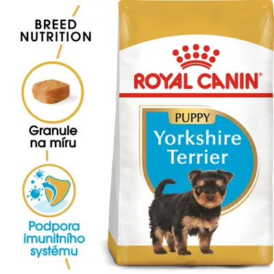 Balení Royal Canin Puppy Yorkshire Terrier, obrázek štěněte, text: Granule na míru, Podpora imunitního systému, Breed Nutrition. Balení Royal Canin Puppy Yorkshire Terrier, obrázek štěněte, text: Granule na míru, Podpora imunitního systému, Breed Nutrition.