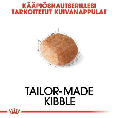 KÄÄPIÖSNAUTSERILLESI TARKOITETUT KUIVANAPPULAT, kuva nappulasta, teksti: TAILOR-MADE KIBBLE