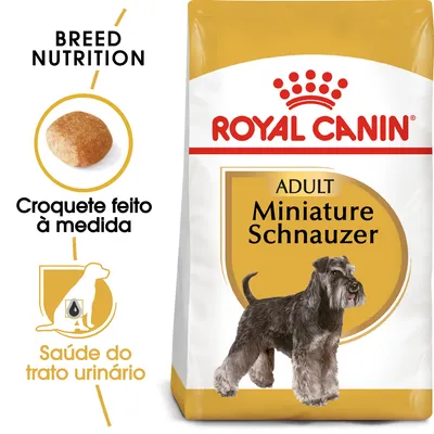 Royal Canin Adult Miniature Schnauzer. Croquete feito à medida. Saúde do trato urinário. Imagem de croquete e cão da raça schnauzer miniatura na embalagem.